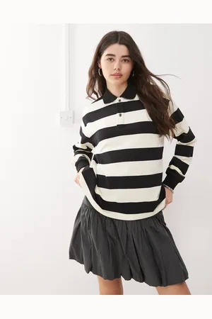 Lioness Nautica collared long sleeve rugby polo shirt in black and white stripe-Multi