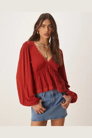 ASOS Crinkle long sleeve tie back top in -Red