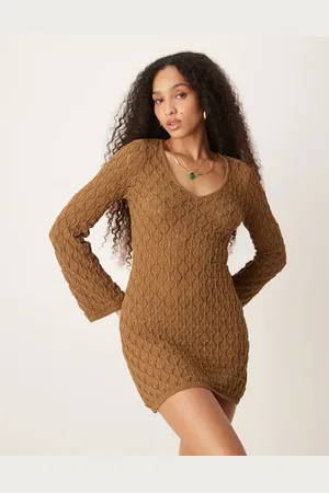 AWARE Crochet knit mini dress with wide sleeves in brown