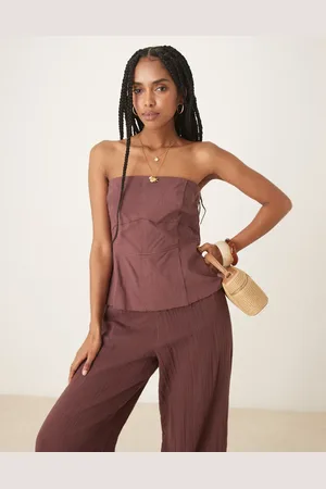 ASOS Bandeau linen look top cotton pants jumpsuit in -Brown