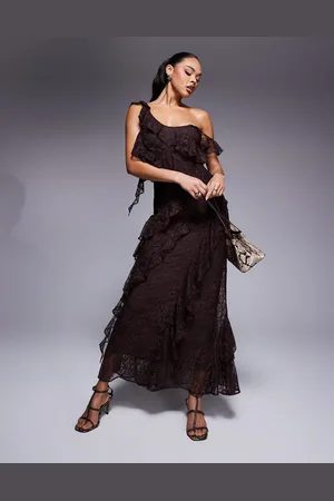 ASOS One shoulder mixed lace ruffle midaxi dress in -Pink