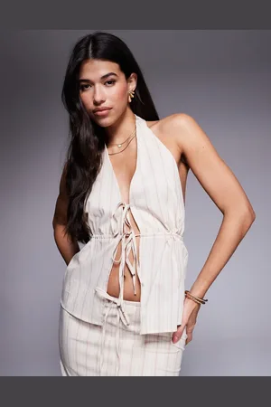 Kaiia Cotton tie detail linen look halterneck top in (part of a set)-Multi