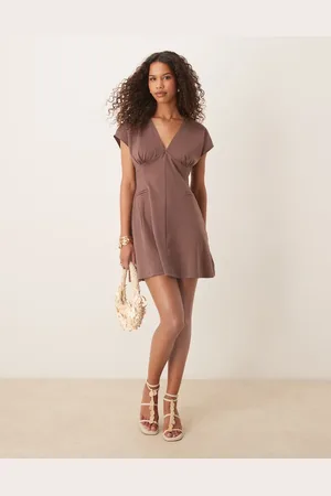 ASOS Short sleeve plunge seam detail mini dress in -Brown