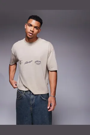 ASOS Boxy oversized t-shirt with city graphic in beige-Neutral