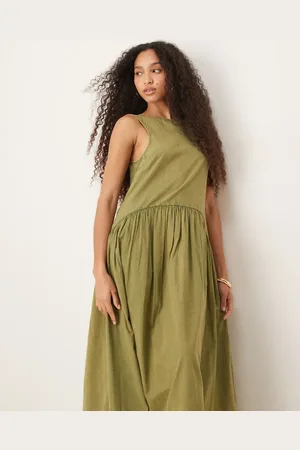 ASOS Slash neck smock midi dress with dropped waist in in -Green