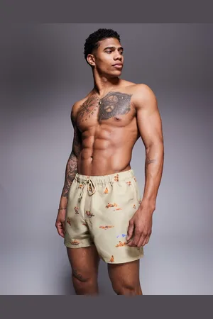 ASOS Swim shorts in short length with beach print in -Neutral