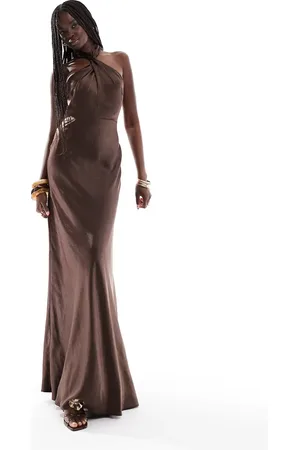 Six Stories Bridesmaid halter neck satin maxi dress in chocolate brown
