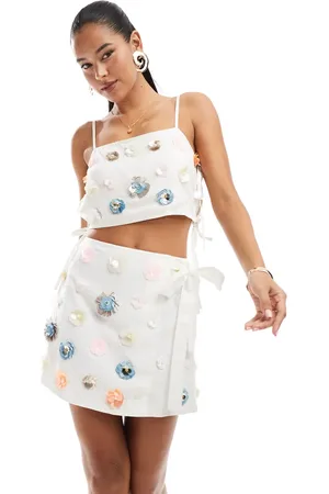 ASOS Linen mix 3D embellishment mini skirt in natural-Neutral