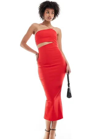 Vesper Bengaline asymmetric halterneck midi cut out dress in red