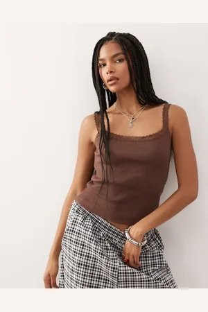Reclaimed Scoop neck ribbed top with satin lace trim in