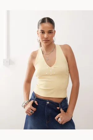 COLLUSION Halter neck top with pearl style button-White