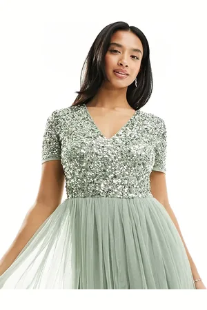 Maya Deluxe Bridesmaid short sleeve maxi tulle dress with tonal delicate sequins in
