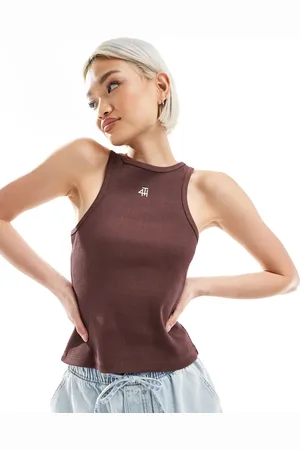 4th & Reckless Cotton ribbed racerneck embroidered logo singlet in -Brown