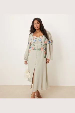 HOPE & IVY Embroidered square neck open back midi dress in sage-Green