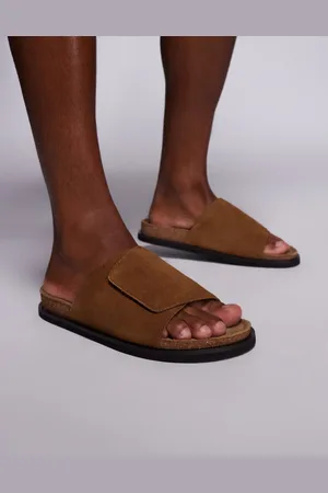 ASOS Slider sandals in suede with cork sole-Brown
