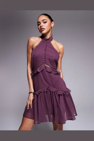 ASOS Lace insert halter tiered mini dress in -Brown