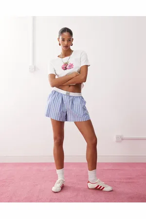 Monki Pull on boxer shorts with foldable waistband in blue and white stripe