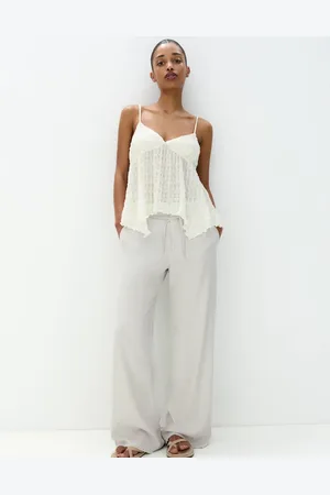 Pull&Bear Tie up waist frayed hem wide leg pants in gray