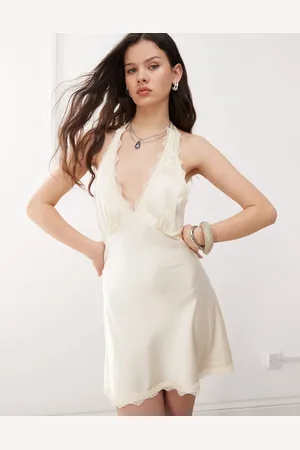 Lioness Stars align satin lace trim halterneck plunge mini slip dress in -White