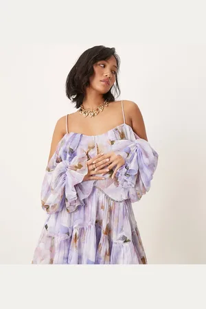 ASOS ASOS DESIGN Petite draped off shoulder tiered mini dress with lace inserts in -Multi