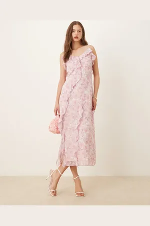 VILA Frill trim midi dress in pink ditsy floral-Multi