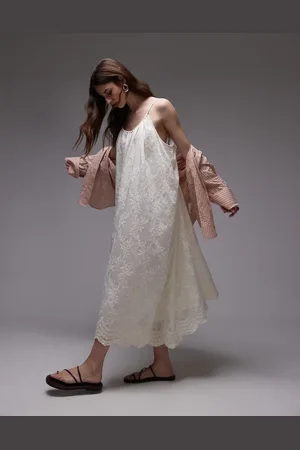 Topshop Embroidered midi dress with tie shoulders in -White