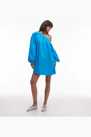Topshop Off shoulder trapeze poplin mini dress in -Blue