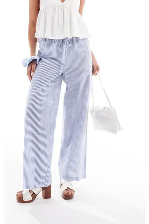 Pull&Bear Rustic wide leg pants in ecru & stripe
