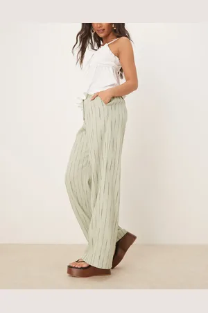 ASOS Relaxed straight leg pants with linen in stripe-Green
