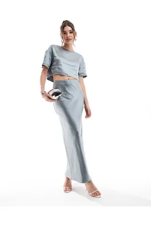 4th & Reckless Satin maxi skirt in grey (part of a set)-Blue