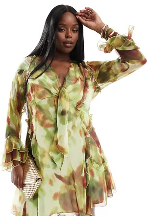ASOS ASOS DESIGN Curve ruffle tie front plunge mini dress with frill sleeves in print-Multi