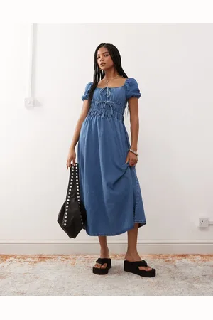 Reclaimed Chambray denim midi dress with shirring details in