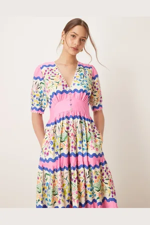 HOPE & IVY V-neck puff sleeve midi smock dress in multi-Purple