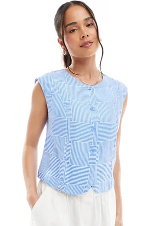 Object Cropped waistcoat top in blue crosshatch print-White