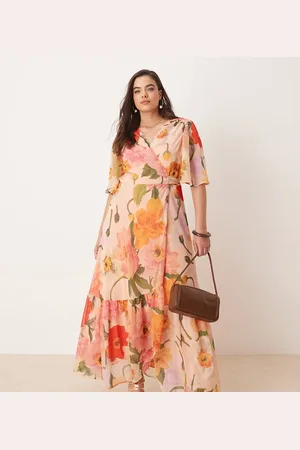 HOPE & IVY Frill sleeve maxi wrap dress with tie waist in pink floral