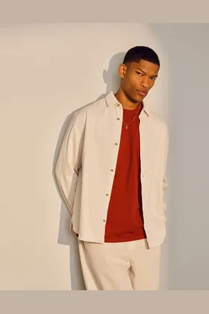 Topman Long sleeve washed canvas overshirt in stone-Neutral