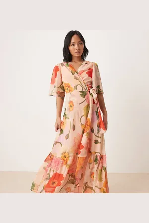 HOPE & IVY Frill sleeve maxi wrap dress with tie waist in pink floral