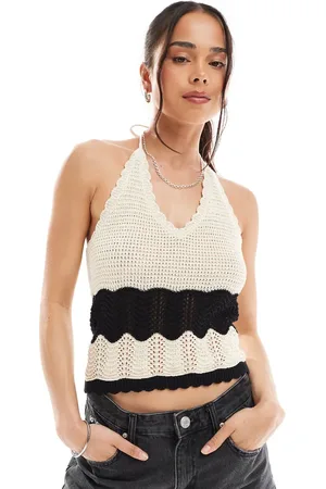 VERO MODA Crochet knit halter top in cream and black-White