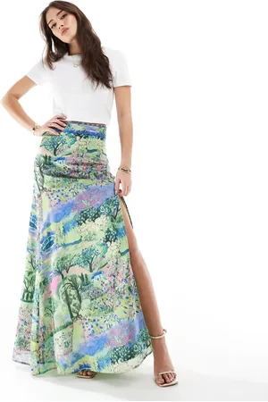 HOPE & IVY High waisted thigh split maxi skirt in multi-Green