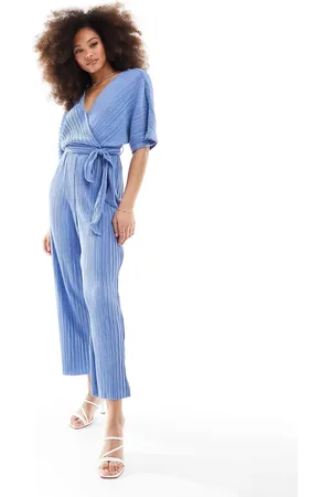 Y.A.S Bridesmaid plisse wrap front jumpsuit in blue