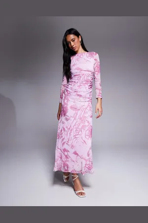 ASOS Mesh long sleeve ruched maxi dress in -Multi