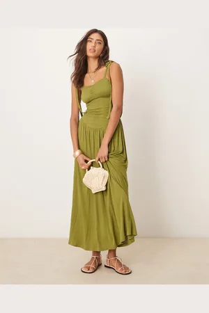 ASOS Crinkle shirred bodice tie cami strap midi sundress in -Green