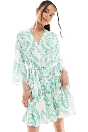 VERO MODA Belted fluted sleeve dress in green floral tile print-White