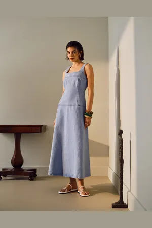 Topshop Denim dropped waist midi dress in -Blue