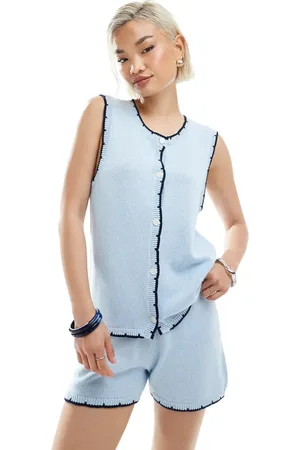VERO MODA Knitted constrast scallop edge stitch waistcoat in soft blue (part of a set)