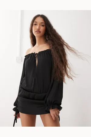 Lioness Sevigney bardot chiffon tie front ruched skirt mini dress in black