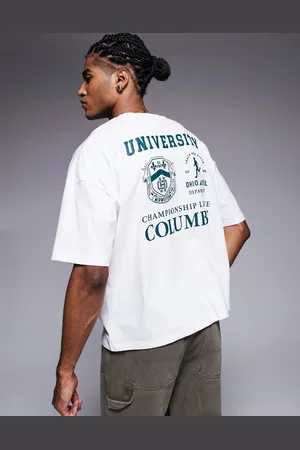 ASOS Boxy oversized dropped shoulder t-shirt with varsity graphics in white