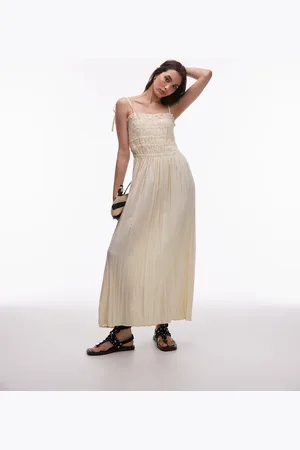 Topshop Technical crinkle ruched bust midi dress in natural-Neutral
