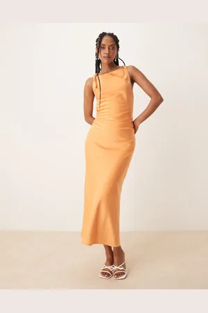 Nialaya Meyer satin twist shoulder midaxi dress in -Orange