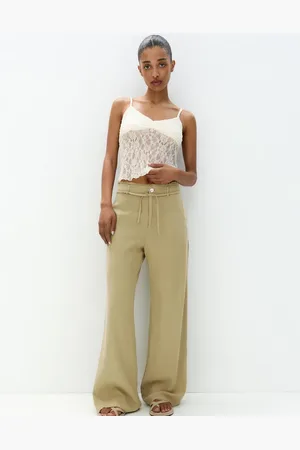 Pull&Bear Tie up waist frayed hem wide leg pants in
